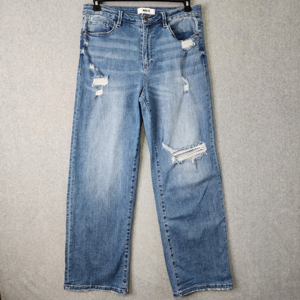 Mica Denim Distressed Wide Leg Jeans 30 Blue High Rise Ripped Raw Hem MDP-T3307